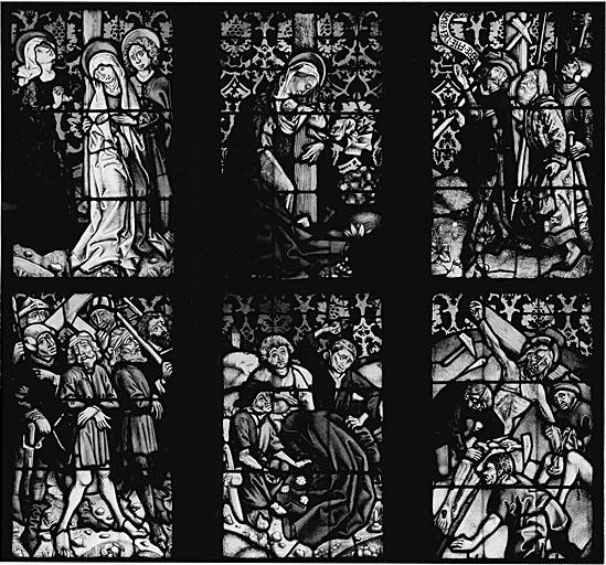 Vue des panneaux 5a, b, c - 6a, b, c. Scènes de la Passion, de la Montée au Calvaire au registre inférieur de la Crucifixion.