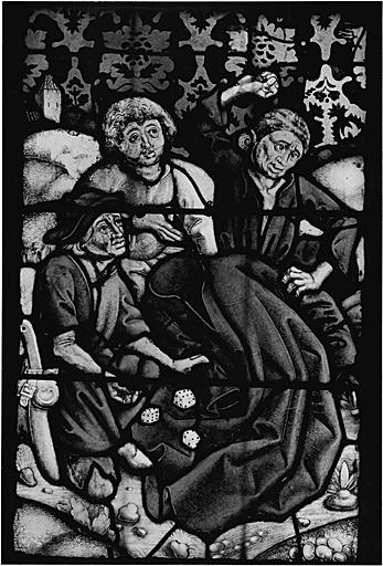 Détail du panneau 5b. La tunique du Christ jouée aux dés.