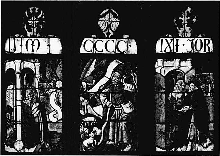 Vue des panneaux 7a, b, c et têtes de lancettes. Annonces à Sainte Anne, à Joachim, Rencontre à la Porte dorée et date.