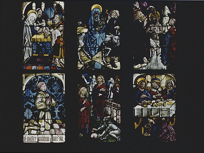 Vue des panneaux 1a, b, c - 2a, b, c. Scènes de l'enfance, de la Vie publique du Christ et donateur de la famille de Mullenheim.