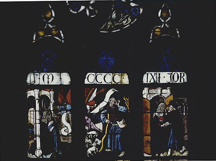Vue des panneaux 7a, b, c et têtes de lancettes. Annonces à Sainte Anne, à Joachim, Rencontre à la Porte dorée et date.