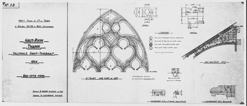 Bas côté nord : 3ème travée mur nord de la nef, détail d'un réseau d'une baie, contrefort n°3 16ème assise, jouée droite, contrefort n°1 gargouille, arc-boutant n°1, profils.