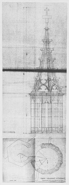 Tour nord, tourelle d'escalier : élévation partielle et plan. Couronnement de la cage d'escalier du clocher.