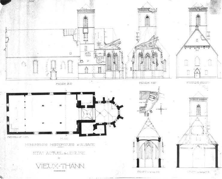 Plan, élévations sud, est et ouest, coupes transversales et plan de situation.