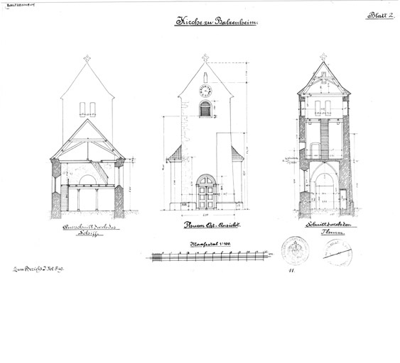 Coupe transversale vers l'ouest, élévation antérieure, coupe vers la tour. Dessin lavis.