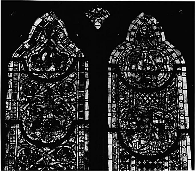 Baie 0 : panneaux a10, a11, b10 et b11. Ascension, Christ trônant, construction de la tour de Babel, Vierge à l'enfant.