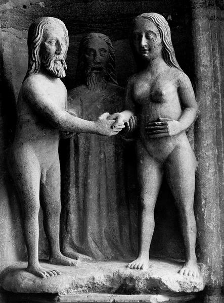 Portail ouest, voussure V, rouleau 3, relief V42 : Dieu unit Adam et Eve.(détail)