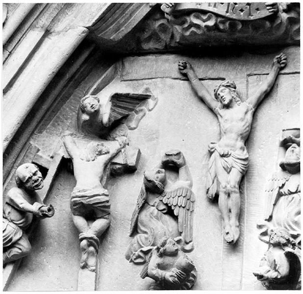 Façade ouest, portail, tympan B de la Crucifixion : Le mauvais larron.(détail)