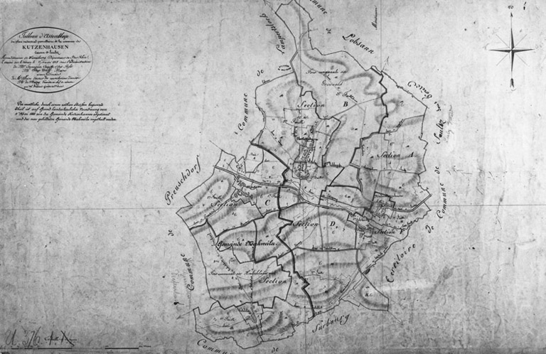 Tableau d'assemblage contenant les villages de Niederkutzenhausen, Merkwiller et Hoelschloch, cadastre napoléonien.