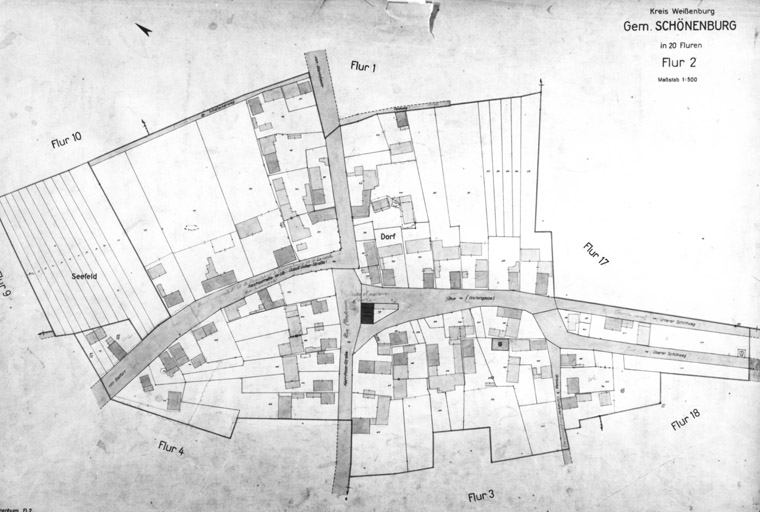 Plan du village de Schoenenbourg. Cadastre allemand. Section 2 dite du village