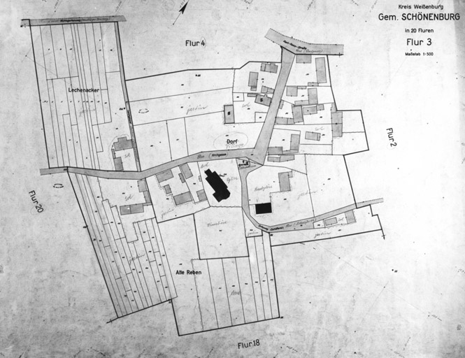 Plan du village de Schoenenbourg. Cadastre allemand. Section 3 dite du village.