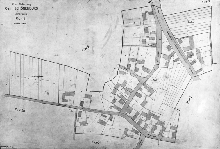 Plan du village de Schoenenbourg. Cadastre allemand. Section 3 dite du village.