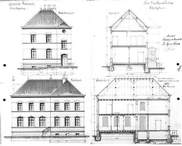 Plan de la mairie : Façades et coupes.