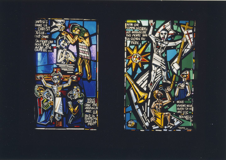 Eglise protestante, non étudiée en architecture, rue Principale. Deux verrières en dalle de verre et ciment ; à gauche, Baptême du Christ et Crucifixion ; à droite, Résurrection du Christ.