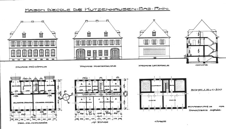 Plan de la cave, du rez-de-chaussée, de l'étage. Coupe transversale. Elévations des façades principale, postérieure et latérale.