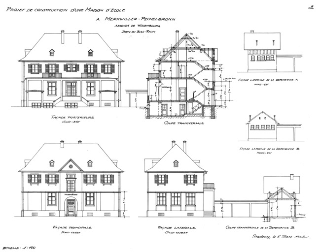 Ecole. Coupe transversale et élévations des façades principale, postérieure et latérale.