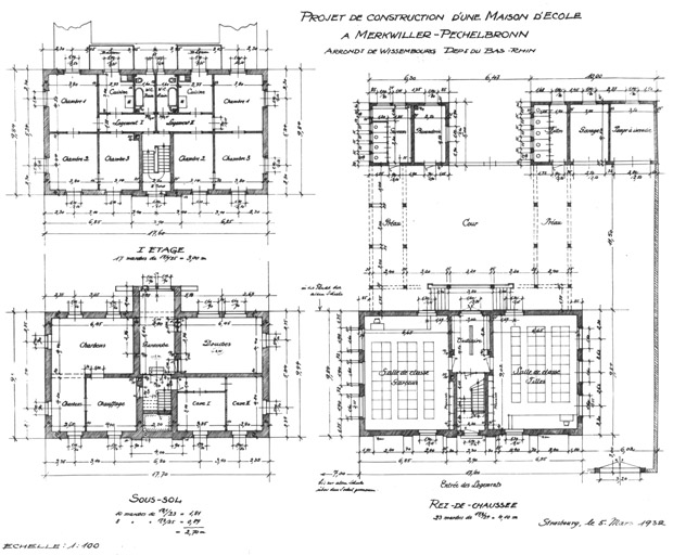 Ecole. Plan du sous-sol, du rez-de-chaussée et de l'étage.