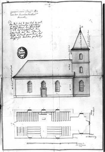 Plan avec mobilier et élévation latérale de l'ancien temple.