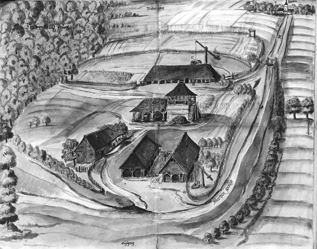 Vue cavalière de la tuilerie. Lavis sur papier.