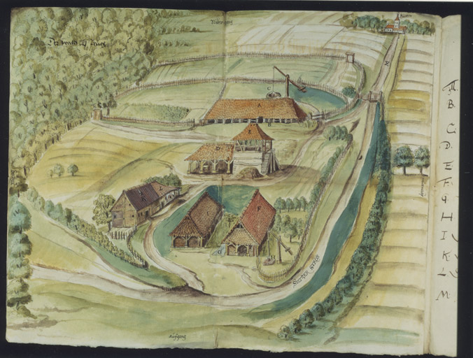 Vue cavalière de la tuilerie. Lavis sur papier.