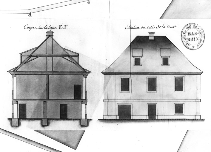 Coupe et élévation de la façade principale.