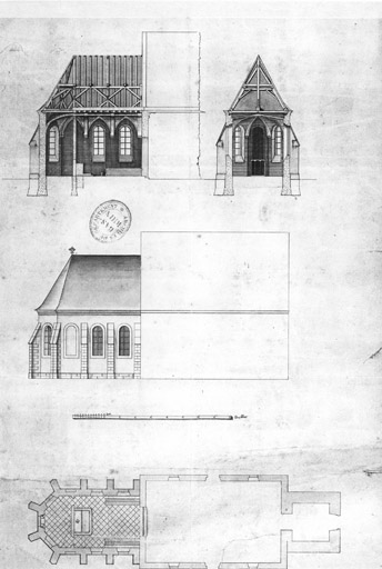 Plan, coupes transversales et longitudinales du choeur.