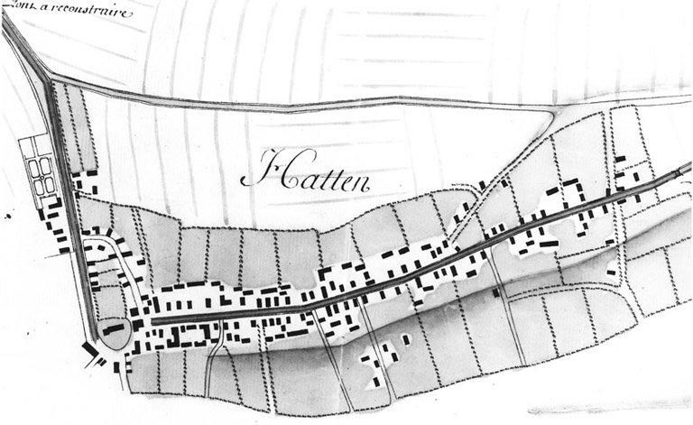 Plan masse des édifices. Plume et lavis sur papier.