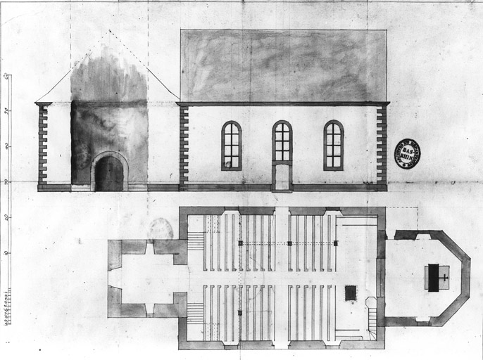 Plan avec mobilier, élévation des façades principale et latérale.