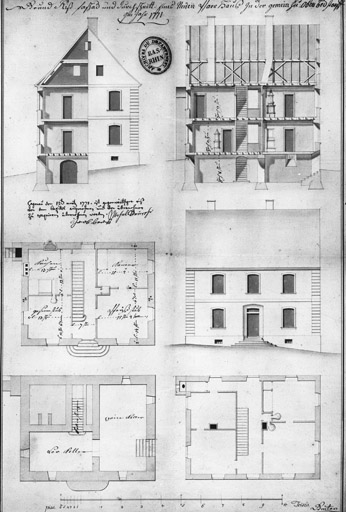 Presbytère protestant construit sur les plans de l'architecte Binter dès 1771 : plans des caves, du rez-de-chaussée et de l'étage. Coupes transversale et longitudinale. Elévations des façades principale et latérale.