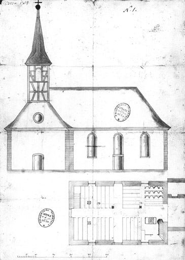 Plan au sol avec le mobilier ; élévation continue des façades principale et latérale.