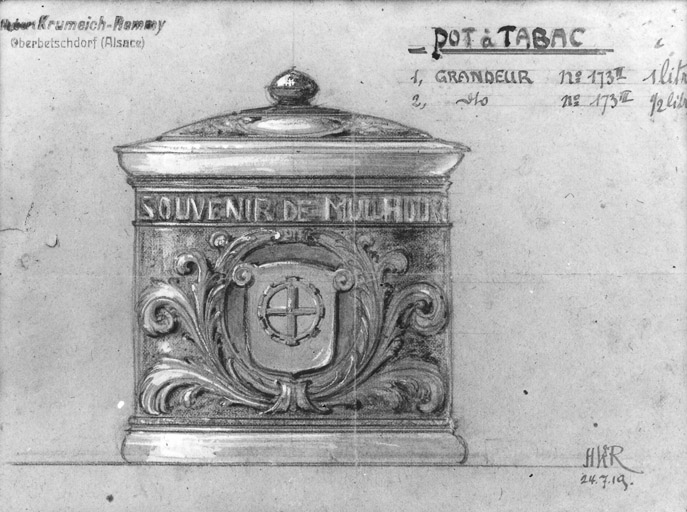 Dessin préparatoire du pot à tabac réalisé vers 1921 par Hubert Krumeich Remmy, céramiste à Betschdorf.