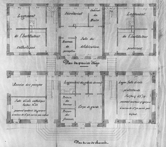 Mairie-école. Plan du rez-de-chaussée et de l'étage.