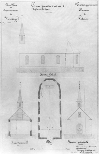 Plan, coupes transversales, élévations de la façade principale.