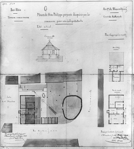 Plan et coupe transversale d'une ferme à démolir. Plans du rez-de-chaussée et de l'étage de comble d'une école à construire.