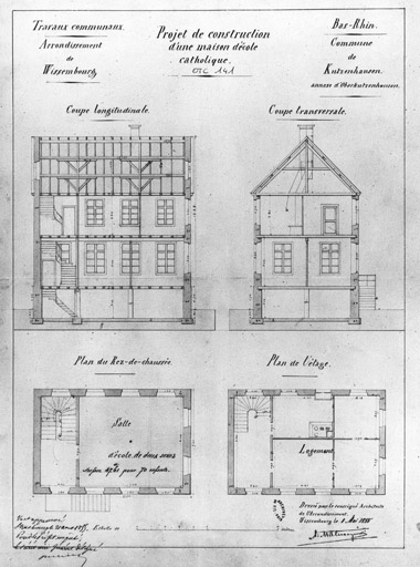 Plans rez-de-chaussée et de l'étage. Coupes transversale et longitudinale.