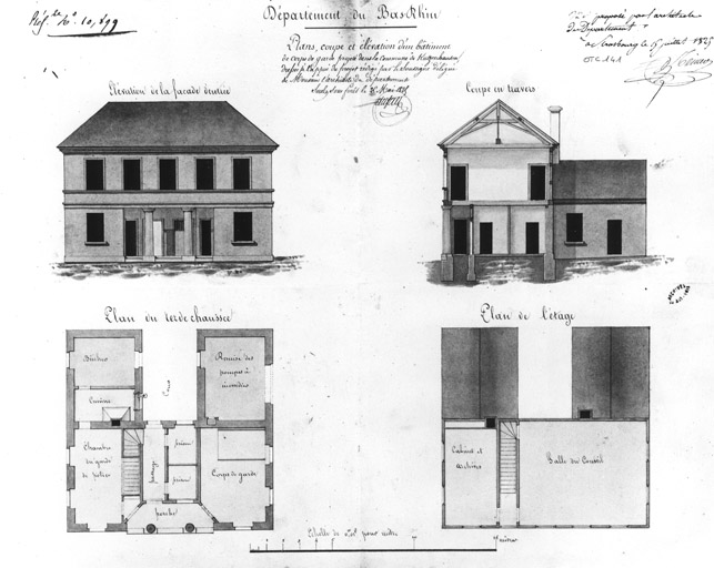 Plan du rez-de-chaussée et de l'étage. Coupe transversale et élévation de la façade principale.