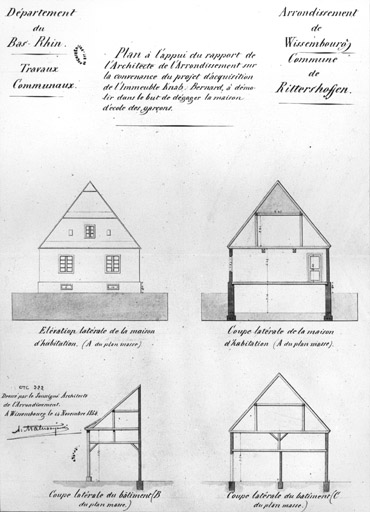 Ferme. Coupe transversale et élévation de la maison.