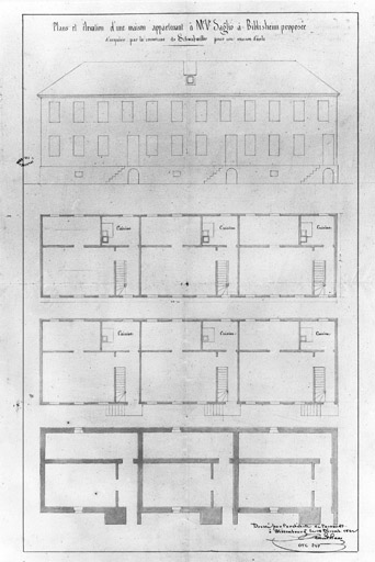 Mairie-école. Plans des caves, du rez-de-chaussée et de l'étage. Elévation de la façade principale (état ancien).