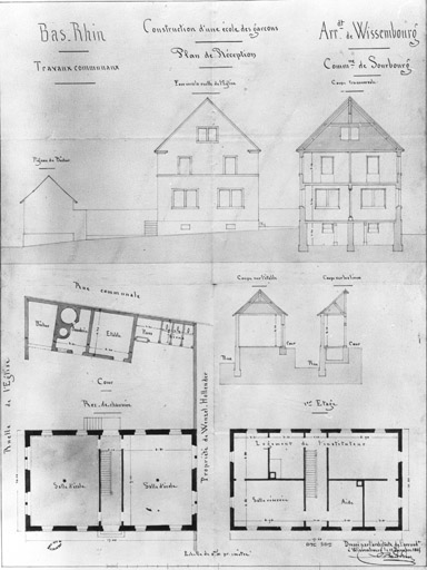 Plans du rez-de-chaussée et de l'étage, coupe transversale et élévation de la façade sur rue.