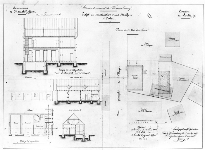 Plan de situation, coupe longitudinale. Bâtiment économique : plans, coupes, élévations.