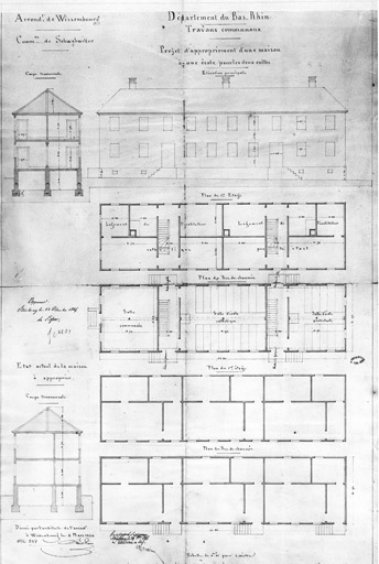 Mairie-école. Plans et coupe de la maison (état ancien). Plans du rez-de-chaussée, de l'étage, coupe transversale et élévation de la façade principale de la mairie-école (état transformé).