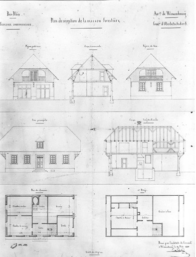 Maison forestière de Niederbetschdorf. Plans du rez-de-chaussée, du premier étage. Coupes transversale et longitudinale, élévations des façades principale et latérales.