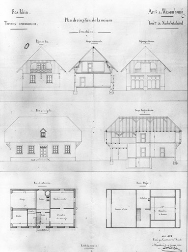 Maison forestière de Niederbetschdorf. Plans du rez-de-chaussée et de l'étage de comble à surcroît. Coupes longitudinale et transversale. Elévation des façades principales et latérales.