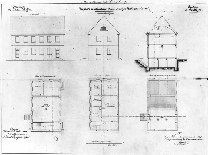 Plans des caves, du rez-de-chaussée et de l'étage, coupe transversale, élévations des façades principale et latérale.