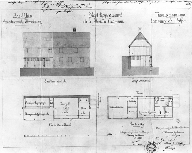 Plans du rez-de-chaussée, du premier étage, coupe transversale et élévation de la façade principale.