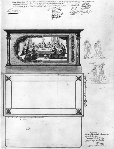 Temple (non étudié). Plan et élévation. Dessins des tableaux. Plume et lavis sur papier.