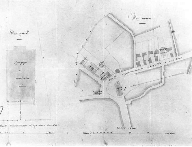 Plan de situation de l'ancienne et de la nouvelle synagogue, plan masse de la nouvelle synagogue. Plume et lavis sur calque.