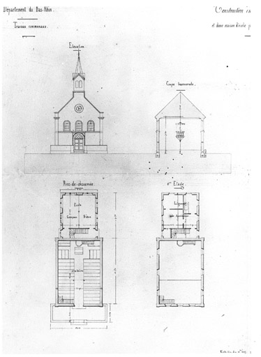 Plans du rez-de-chaussée et de l'étage. Coupe transversale et élévation de la façade principale.