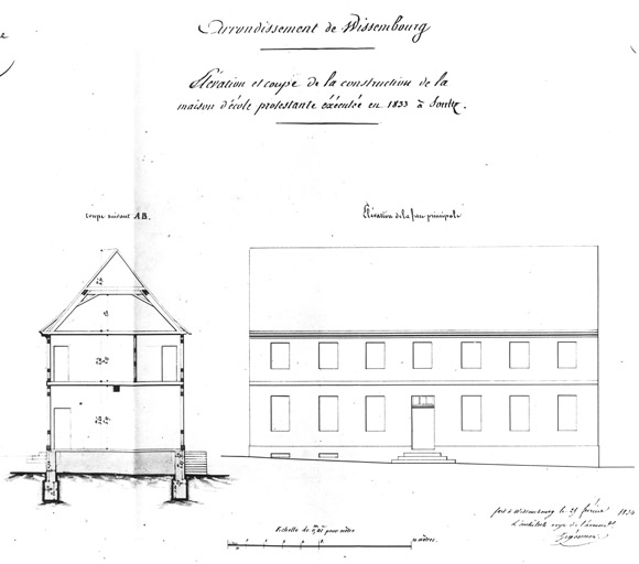 Coupe transversale, élévation de la façade principale.