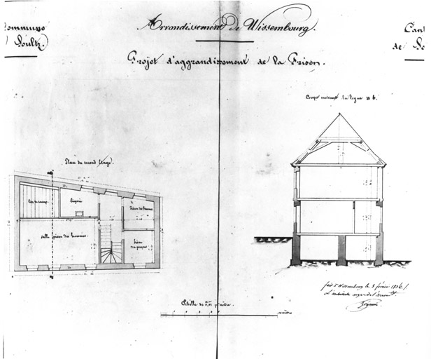 La prison. Plan de l'étage, coupe transversale.